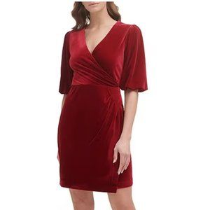 NWOT DKNY Velvet Side Rouch Surplice V-Neck Bubble Short Sleeve Faux Wrap Dress